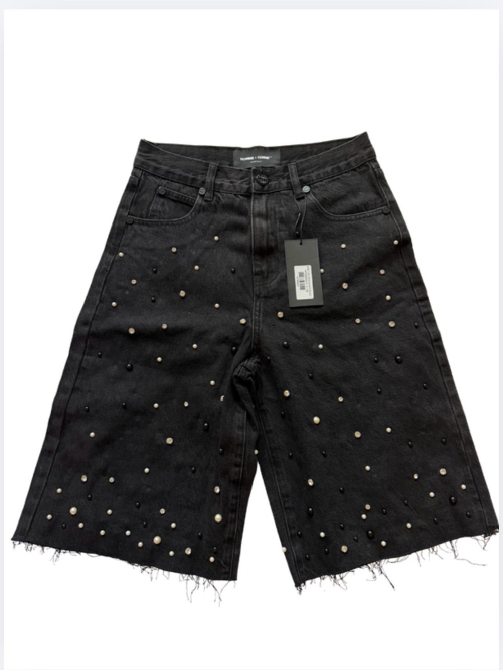 Homme Femme Black Jean Shorts with Stud Embellishments